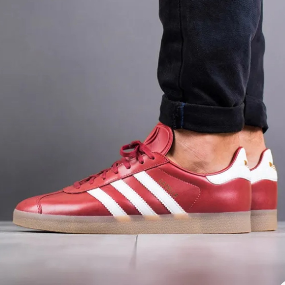 Original Adidas Gazelles Red Leather Gold Sole